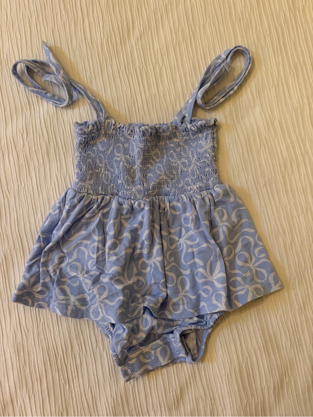 Caden Lane Light Blue and White Baby Girl Smocked Romper Dress